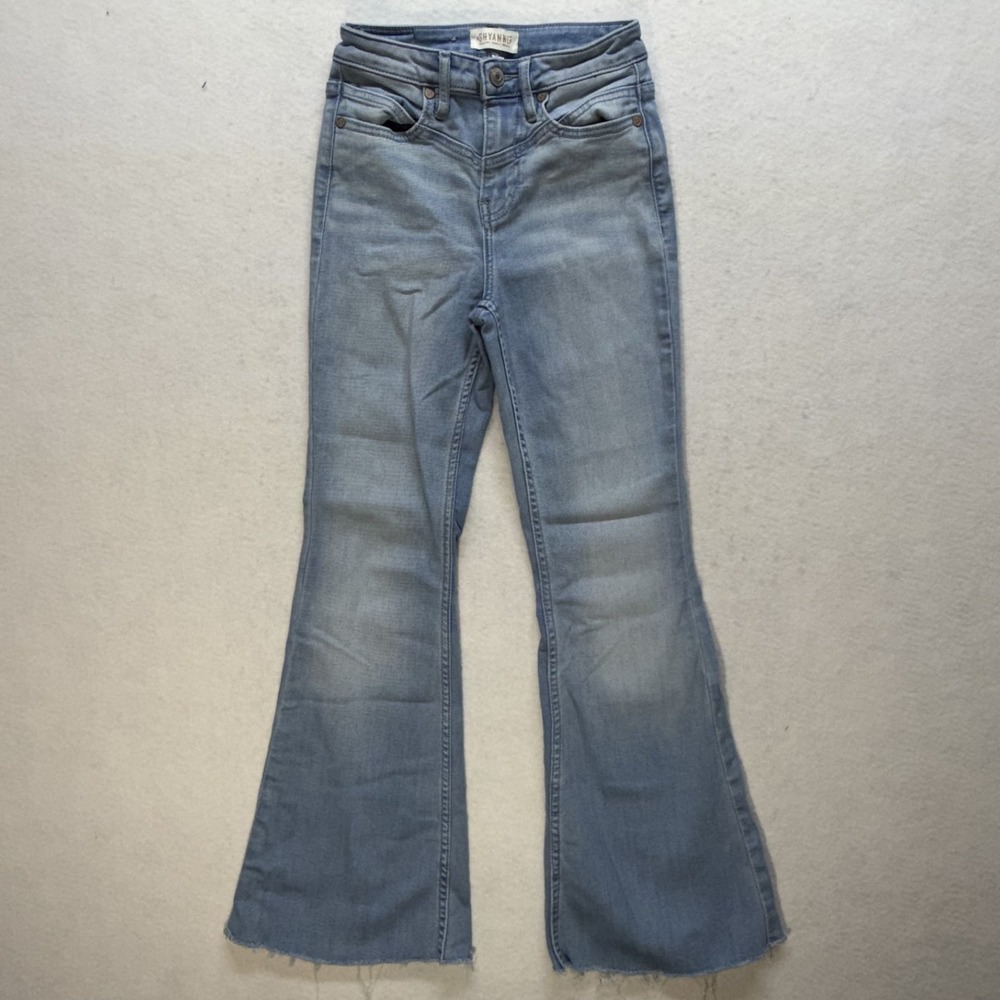 Shyanne High Rise Flare Womens 26 (24x28) Blue Light Wash Raw Hem Denim Jeans
